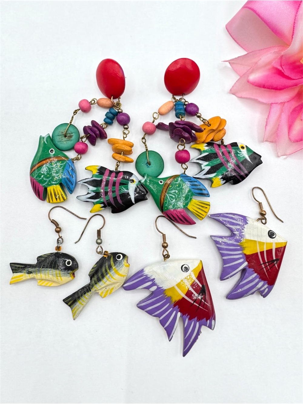 Vintage Fish Earrings Carved Wood Hand Painted Earring Lot Wacky Cute Bright Fun